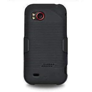 AMZER Shellster Hard Case with Belt Clip Holster for HTC Rezound, showcasing its impact-resistant shell and soft fabric lining.