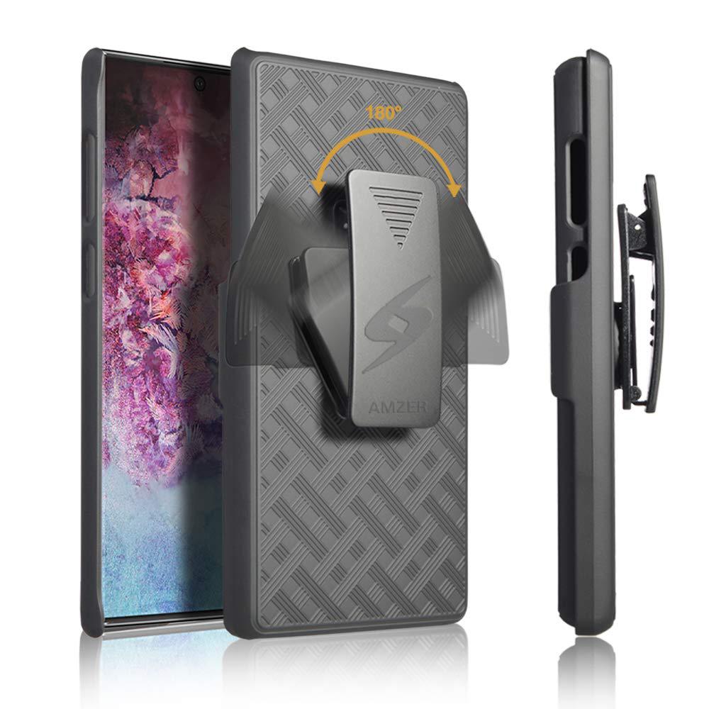 AMZER Shellster Hard Case with Kickstand for Samsung Galaxy Note 10, featuring a black design and reinforced edges for protection.