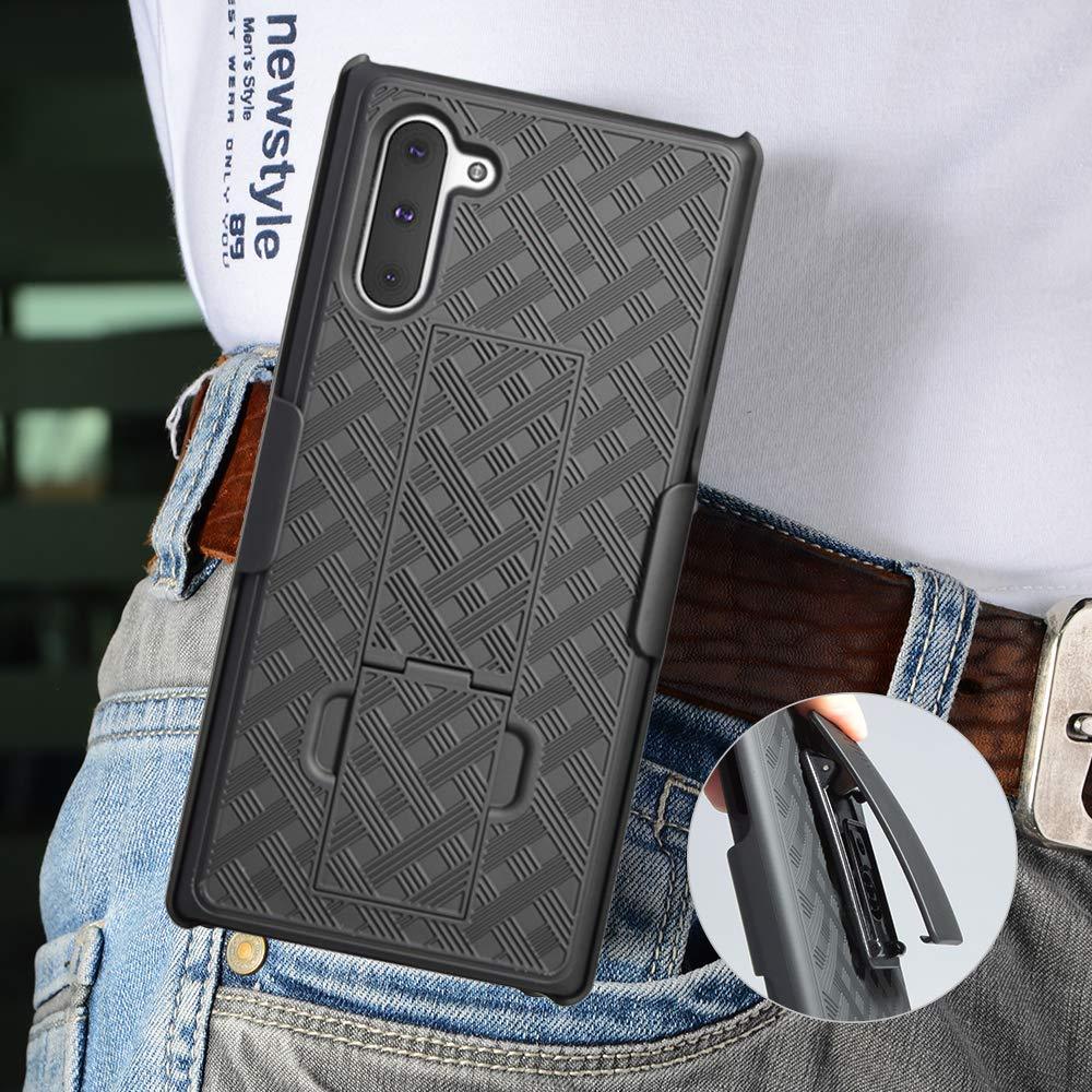 AMZER Shellster Hard Case with Kickstand for Samsung Galaxy Note 10, featuring a black design and reinforced edges for protection.