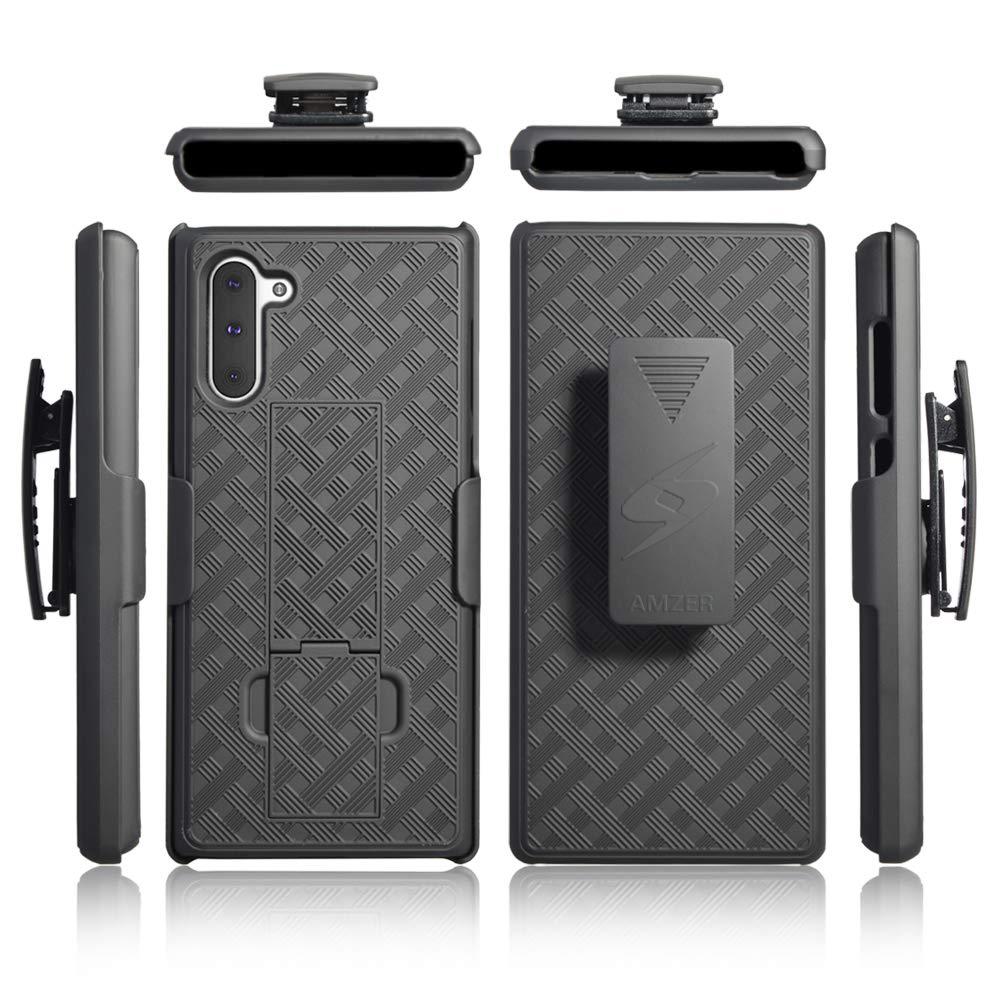 AMZER Shellster Hard Case with Kickstand for Samsung Galaxy Note 10, featuring a black design and reinforced edges for protection.