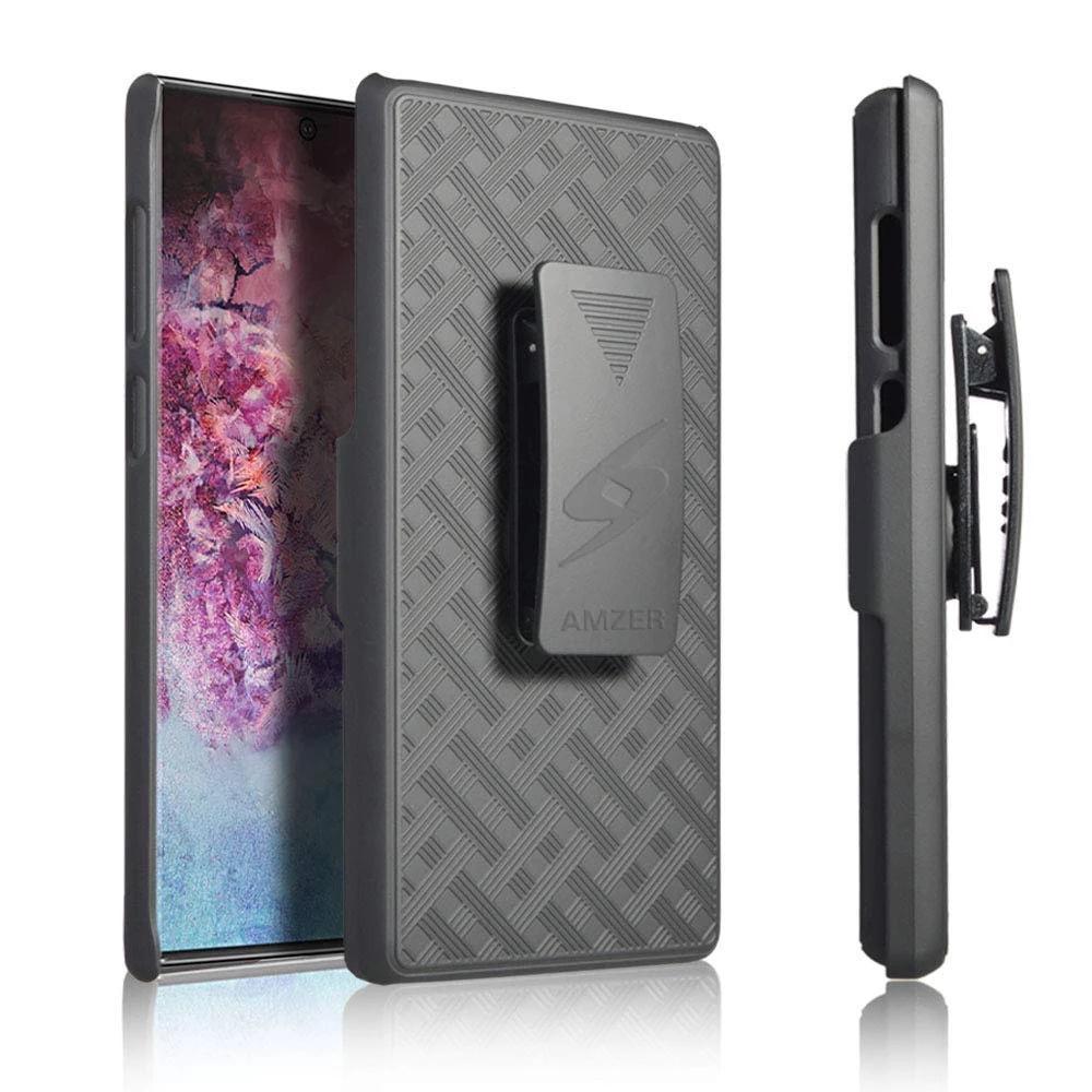 AMZER Shellster Hard Case with Kickstand for Samsung Galaxy Note 10, featuring a black matte finish and reinforced edges for protection.