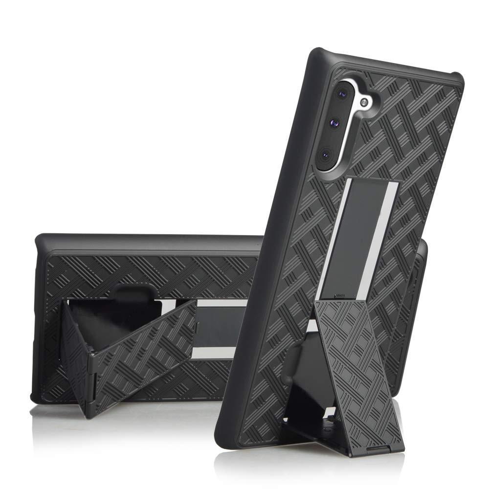 AMZER Shellster Hard Case with Kickstand for Samsung Galaxy Note 10, featuring a black matte finish and reinforced edges for protection.