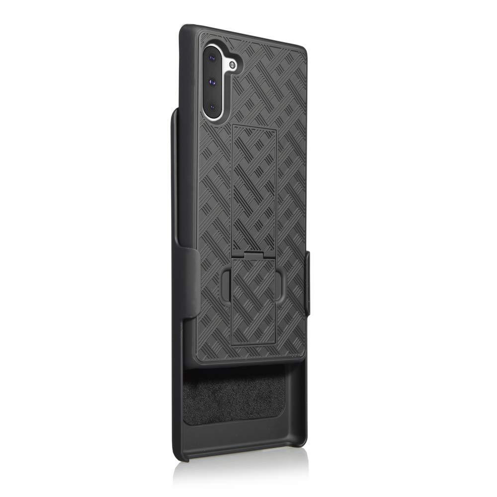 AMZER Shellster Hard Case with Kickstand for Samsung Galaxy Note 10, featuring a black matte finish and reinforced edges for protection.
