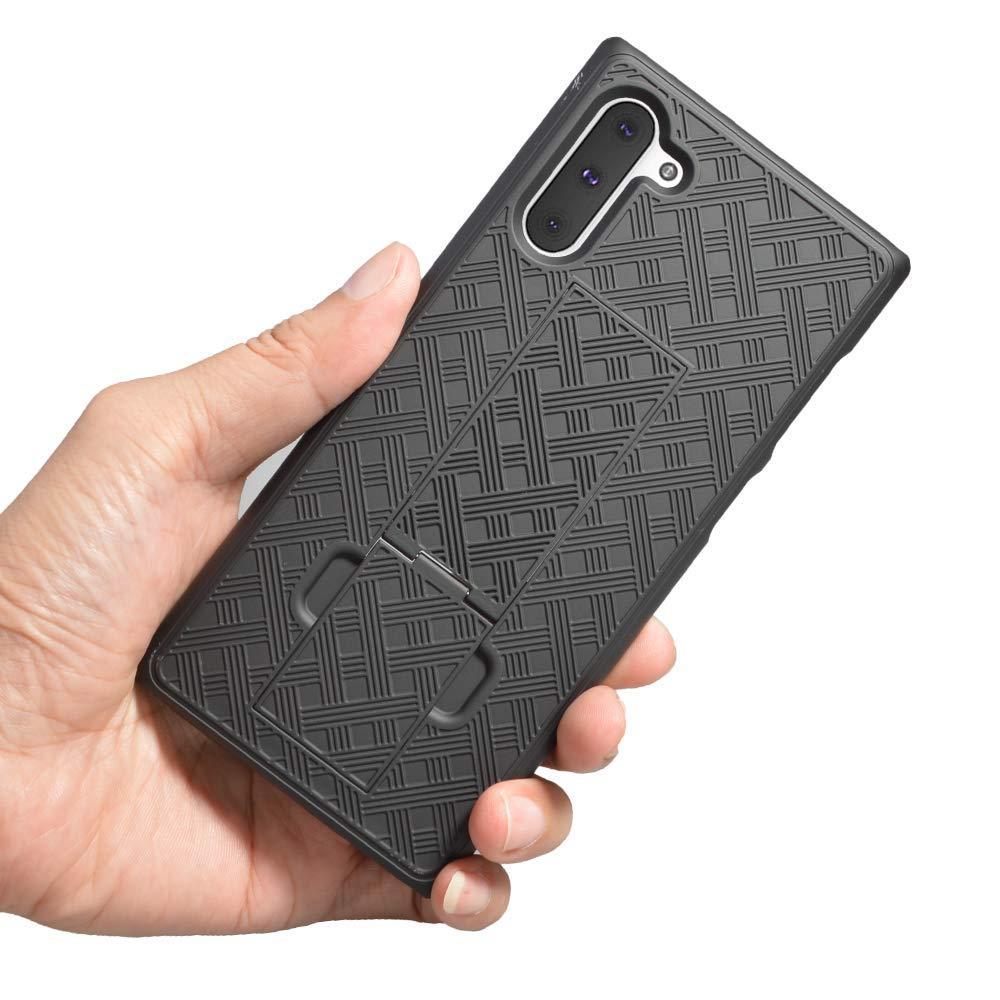 AMZER Shellster Hard Case with Kickstand for Samsung Galaxy Note 10, featuring a black matte finish and reinforced edges for protection.