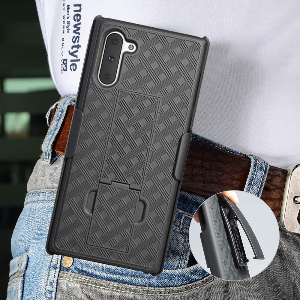 AMZER Shellster Hard Case with Kickstand for Samsung Galaxy Note 10, featuring a black matte finish and reinforced edges for protection.