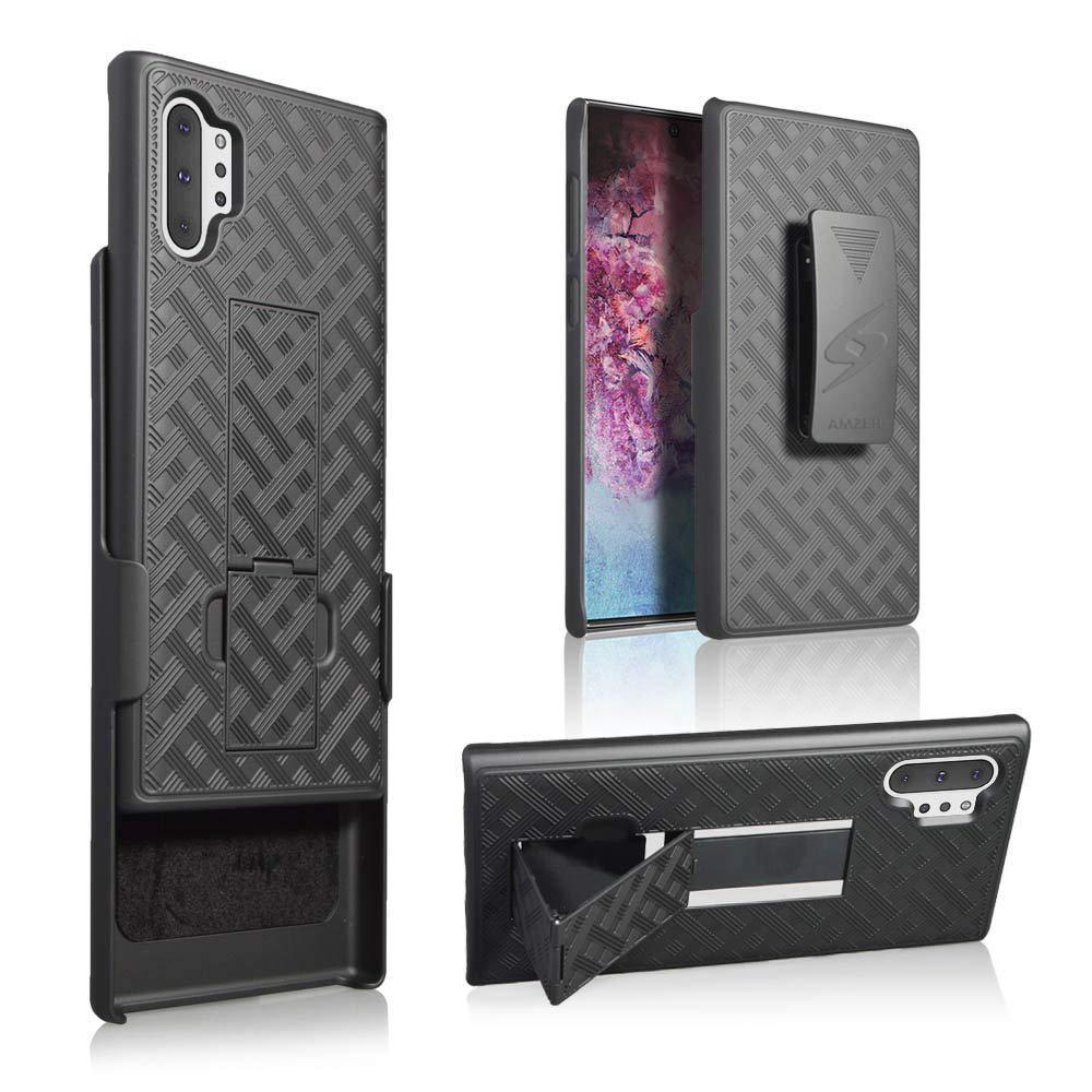 AMZER Shellster Hard Case with Kickstand for Samsung Galaxy Note 10+, featuring a black matte finish and a swiveling belt clip.