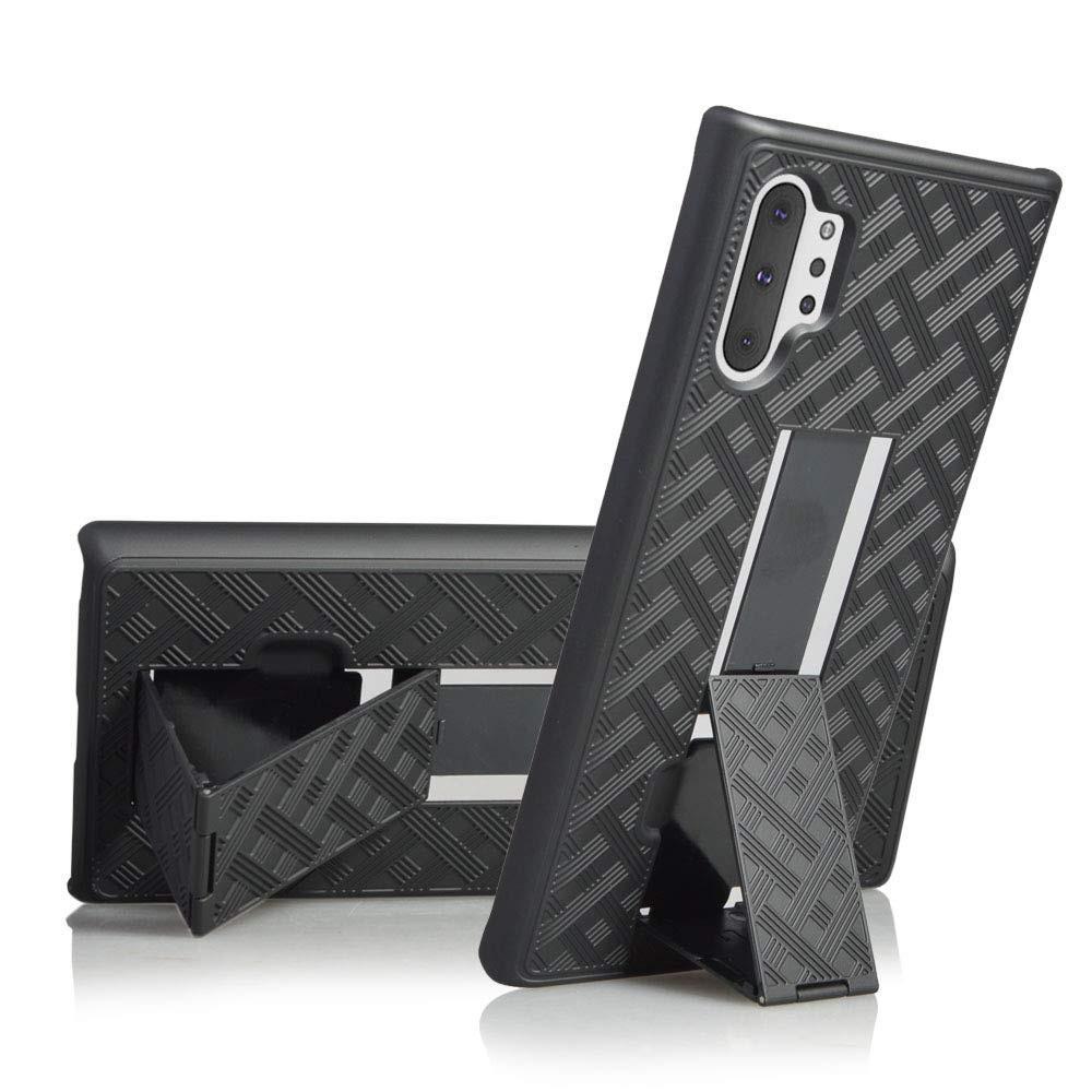 AMZER Shellster Hard Case with Kickstand for Samsung Galaxy Note 10+, featuring a black matte finish and a swiveling belt clip.