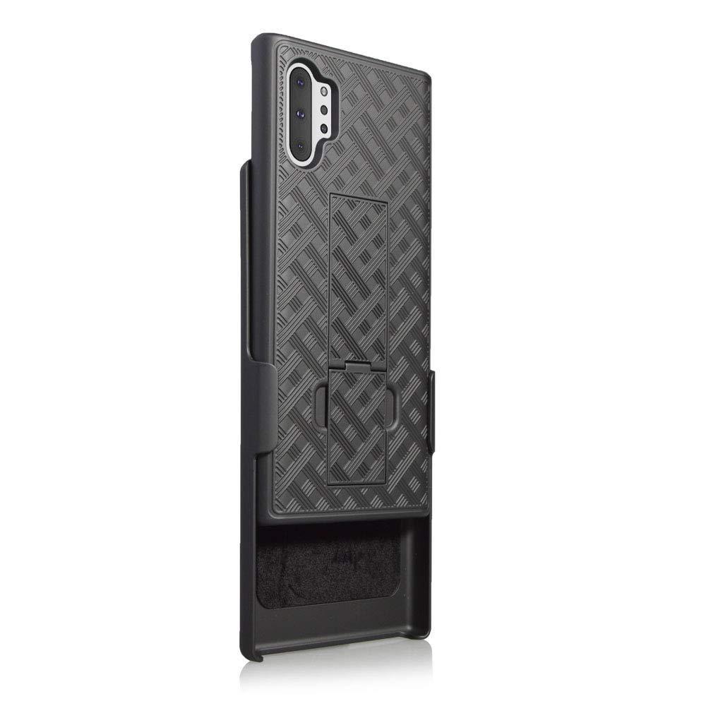 AMZER Shellster Hard Case with Kickstand for Samsung Galaxy Note 10+, featuring a black matte finish and a swiveling belt clip.