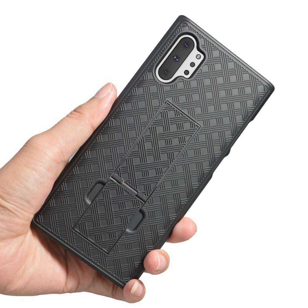 AMZER Shellster Hard Case with Kickstand for Samsung Galaxy Note 10+, featuring a black matte finish and a swiveling belt clip.
