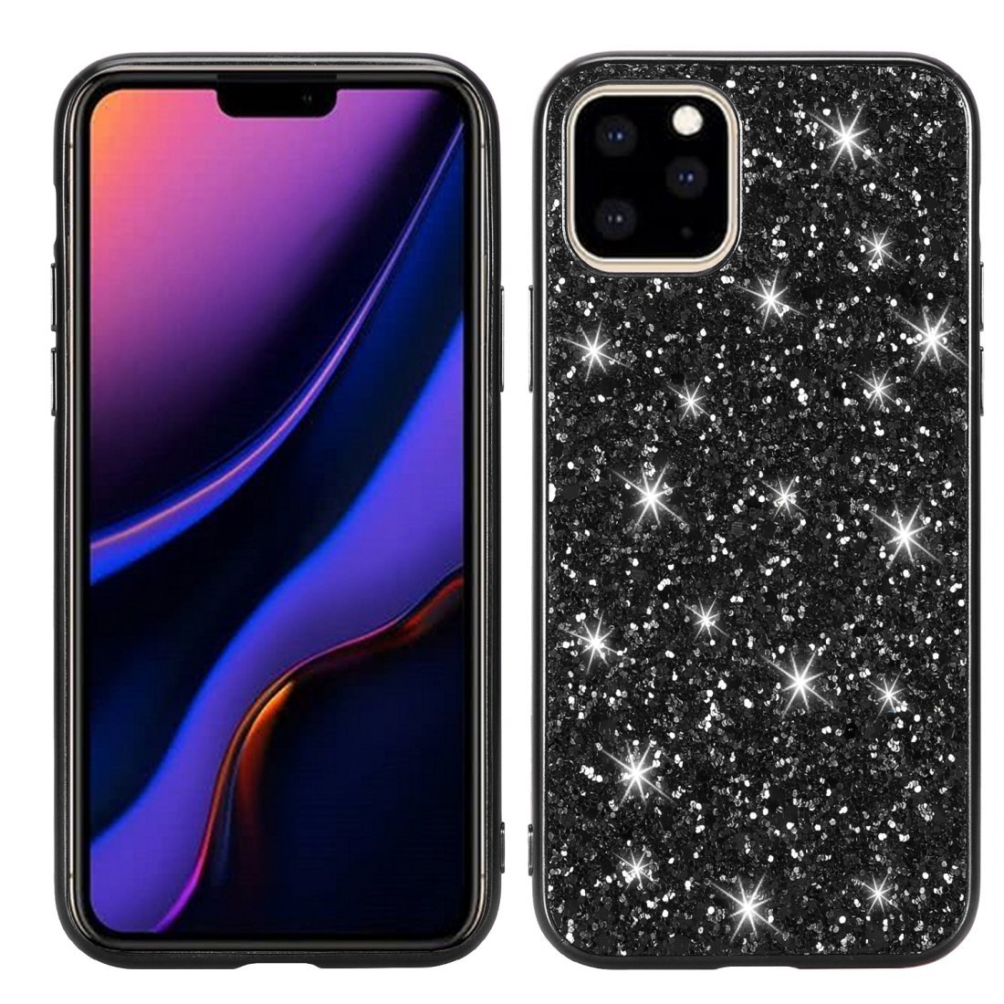 AMZER Shockproof Glitter Powder TPU case for iPhone XI in black, showcasing its glittery design and protective features.