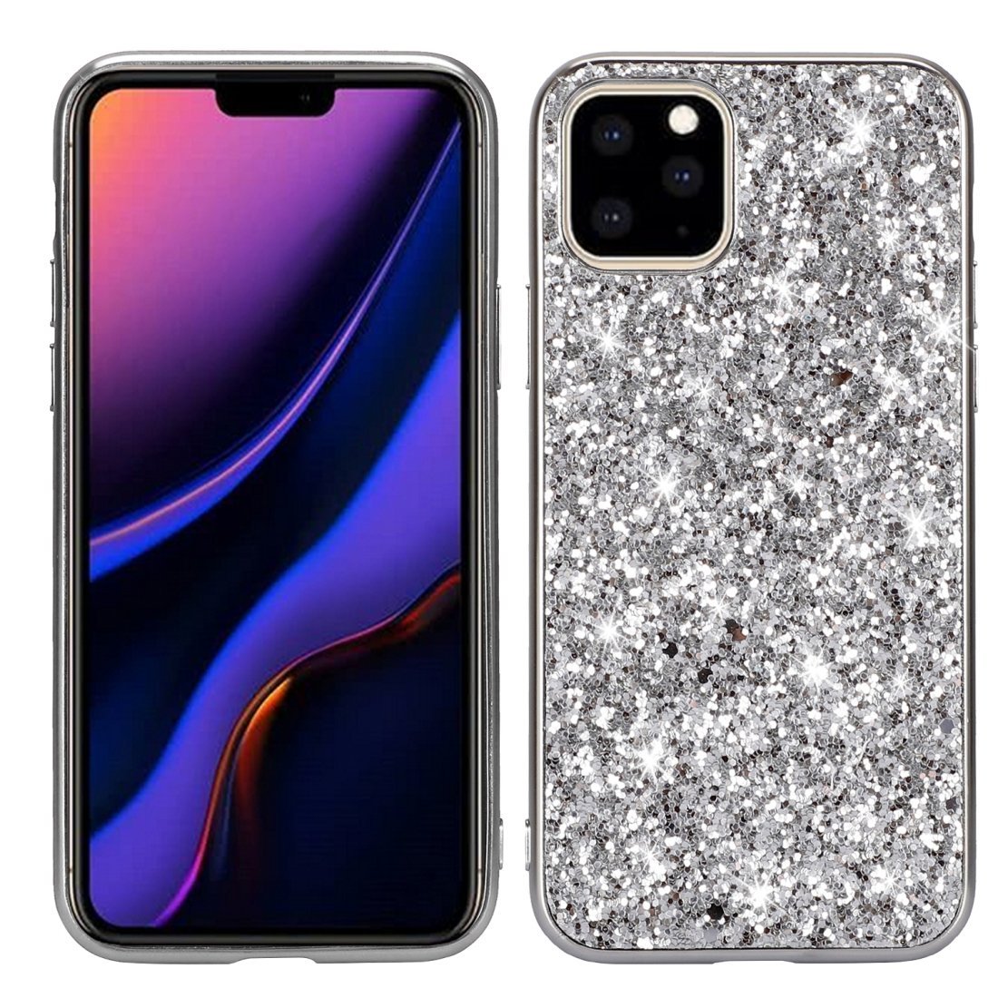 AMZER Shockproof Glitter Powder TPU case for iPhone XI in black, showcasing its glittery design and protective features.