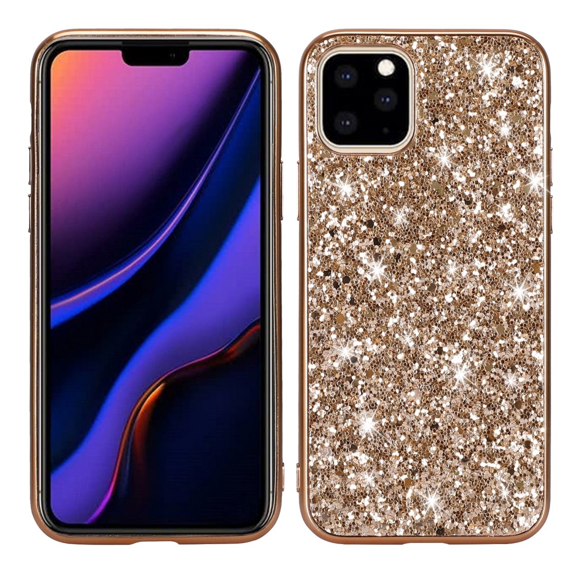 AMZER Shockproof Glitter Powder TPU Protective Case for iPhone 11 in Black and Silver, showcasing its glittery design and snug fit.