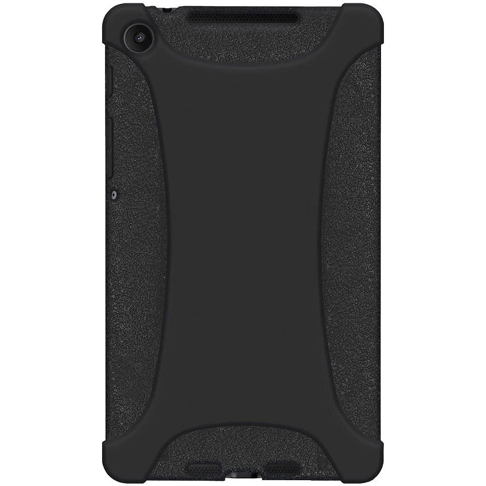 Amzer Shockproof Rugged Silicone Skin Jelly Case for Google New Nexus 7 in black, showcasing its flexible design and textured grip.