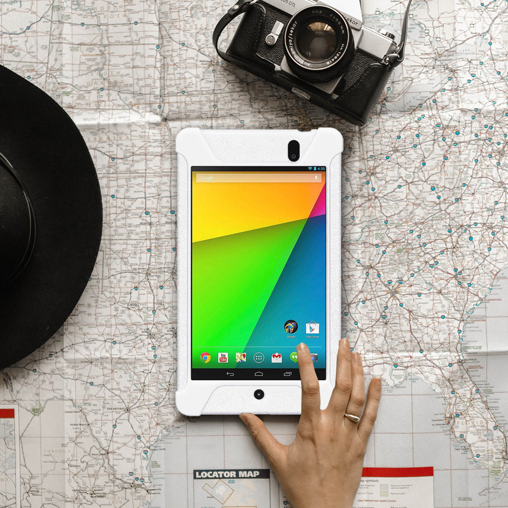 Amzer Shockproof Rugged Silicone Skin Jelly Case for Google New Nexus 7 in black, showcasing its flexible design and textured grip.