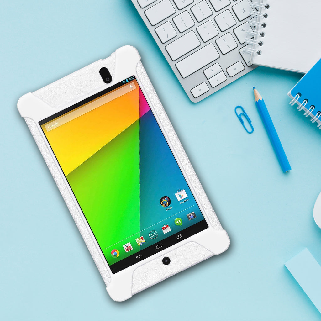 Amzer Shockproof Rugged Silicone Skin Jelly Case for Google New Nexus 7 in black, showcasing its flexible design and textured grip.