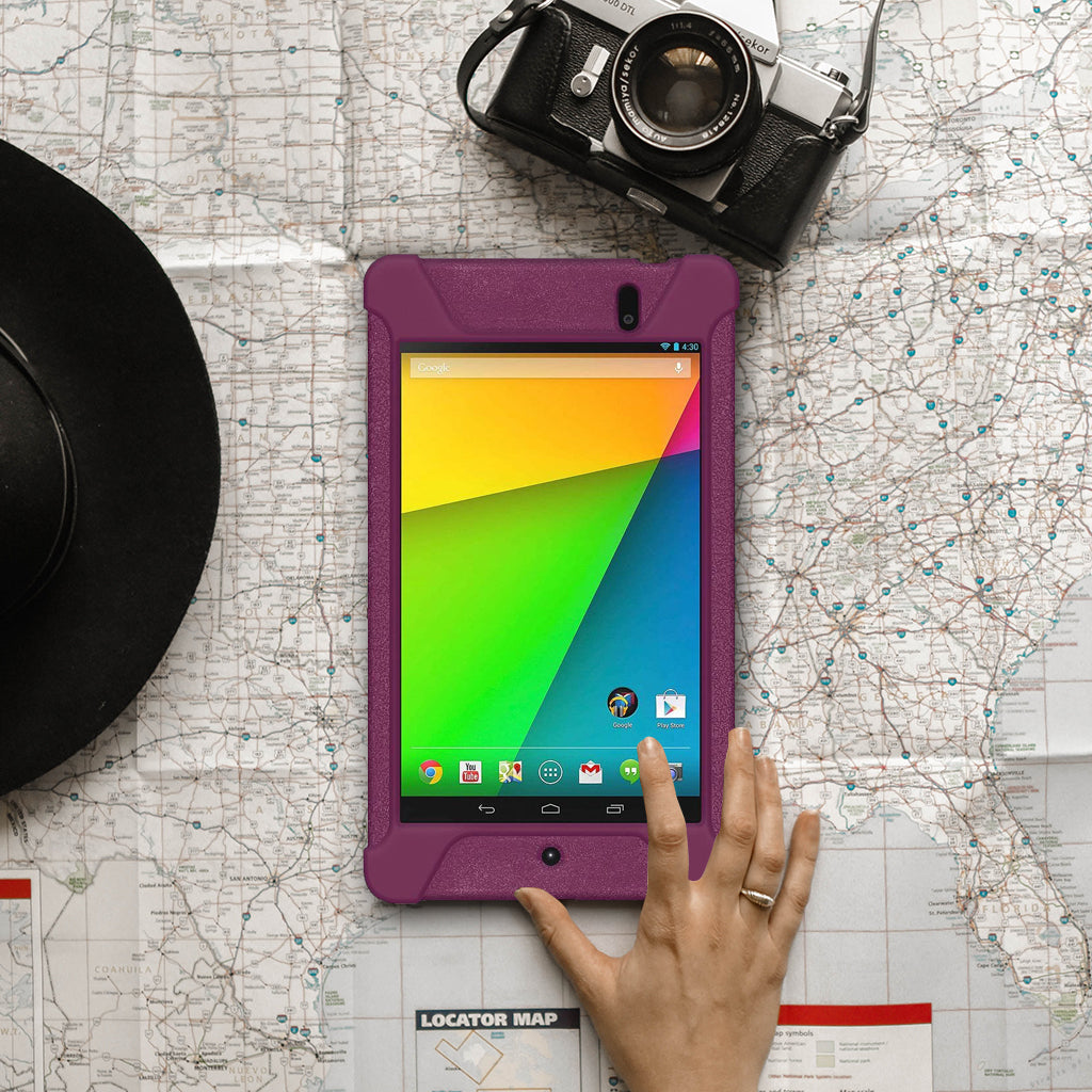 Amzer Shockproof Rugged Silicone Skin Jelly Case for Google New Nexus 7 in black, showcasing its flexible design and textured grip.