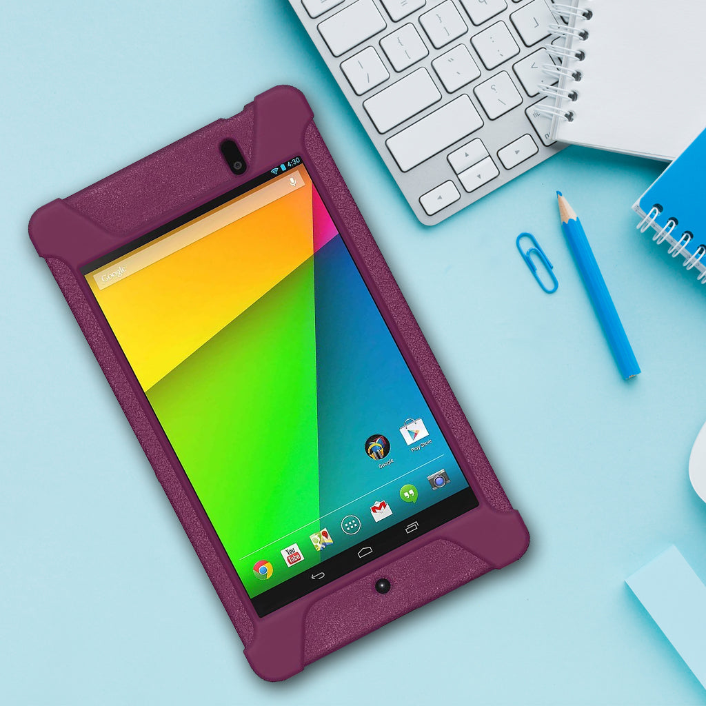 Amzer Shockproof Rugged Silicone Skin Jelly Case for Google New Nexus 7 in black, showcasing its flexible design and textured grip.