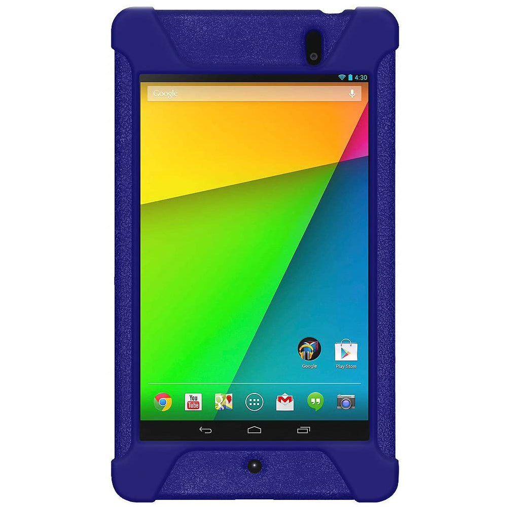 Amzer Shockproof Rugged Silicone Skin Jelly Case for Google New Nexus 7 in black, showcasing its flexible design and textured grip.