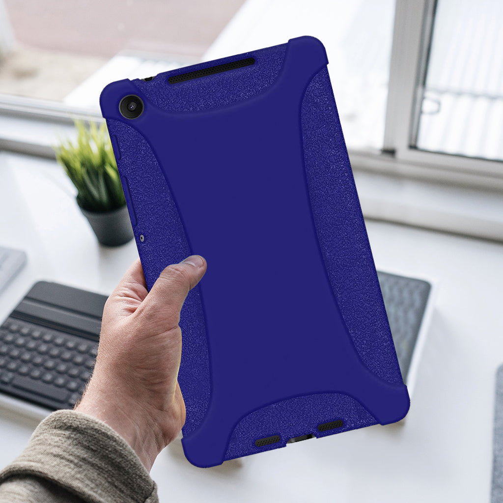 Amzer Shockproof Rugged Silicone Skin Jelly Case for Google New Nexus 7 in black, showcasing its flexible design and textured grip.