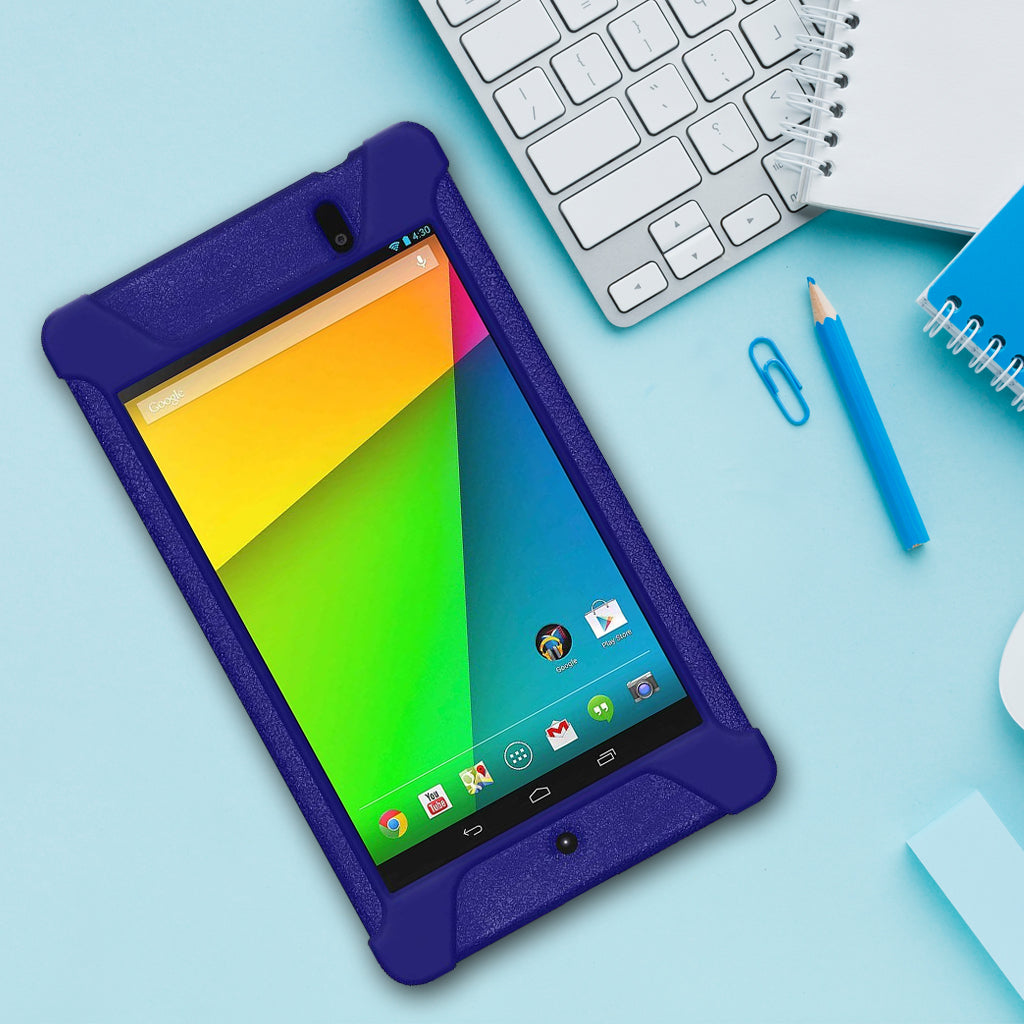 Amzer Shockproof Rugged Silicone Skin Jelly Case for Google New Nexus 7 in black, showcasing its flexible design and textured grip.