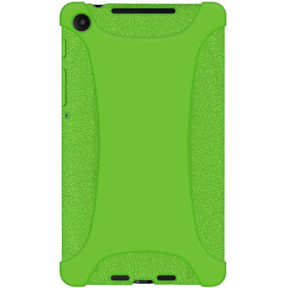Amzer Shockproof Rugged Silicone Skin Jelly Case for Google New Nexus 7 in black, showcasing its flexible design and textured grip.