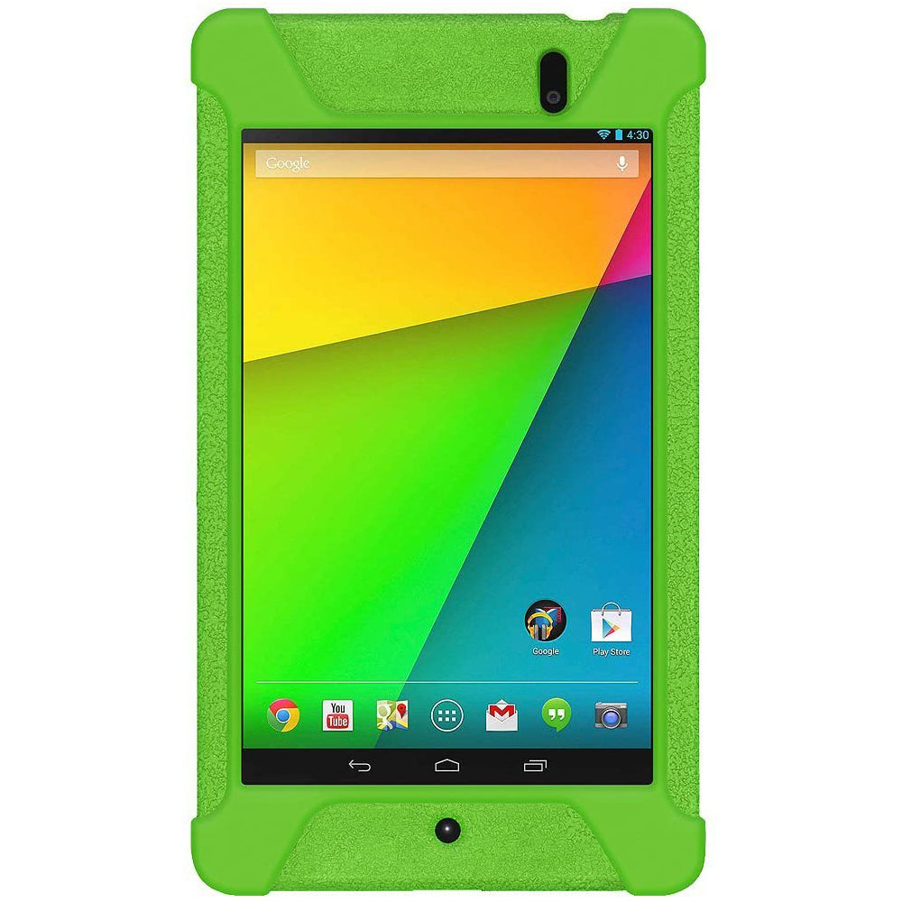 Amzer Shockproof Rugged Silicone Skin Jelly Case for Google New Nexus 7 in black, showcasing its flexible design and textured grip.