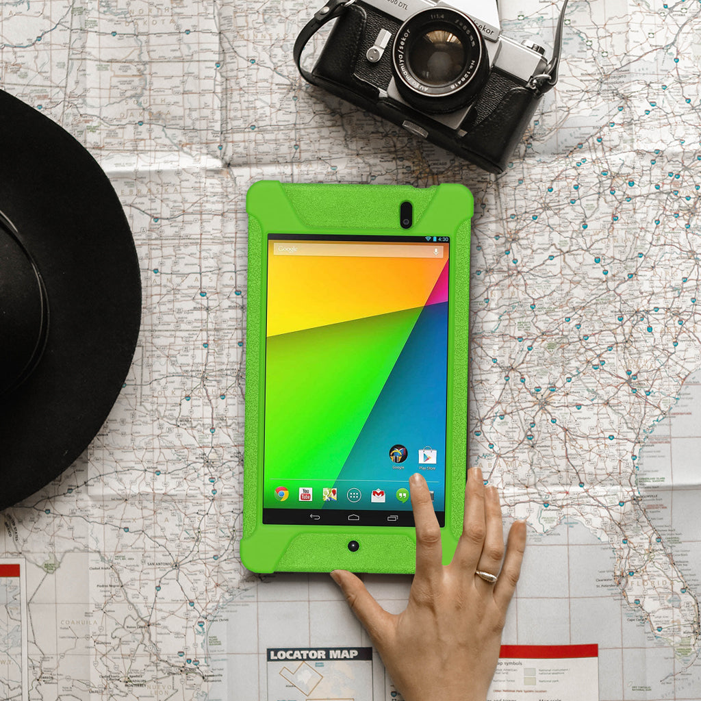 Amzer Shockproof Rugged Silicone Skin Jelly Case for Google New Nexus 7 in black, showcasing its flexible design and textured grip.