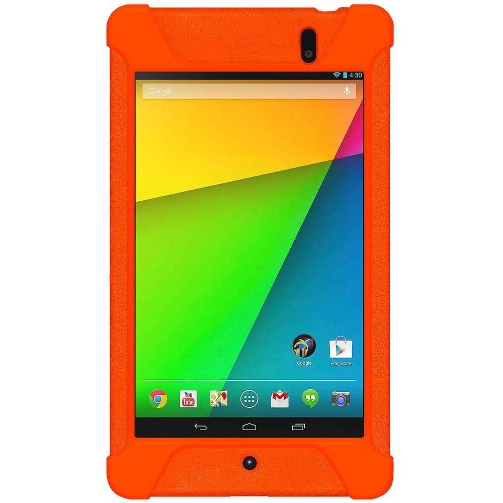 Amzer Shockproof Rugged Silicone Skin Jelly Case for Google New Nexus 7 in black, showcasing its flexible design and textured grip.
