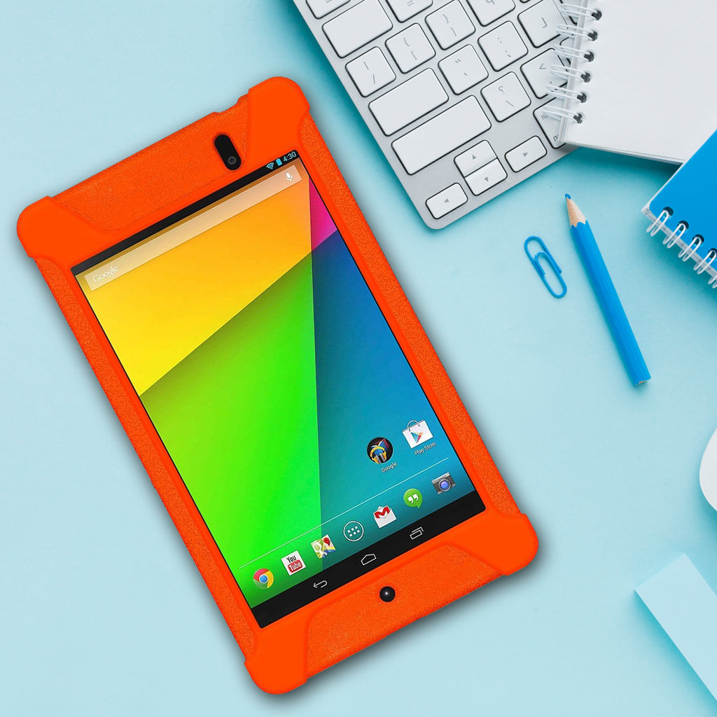 Amzer Shockproof Rugged Silicone Skin Jelly Case for Google New Nexus 7 in black, showcasing its flexible design and textured grip.