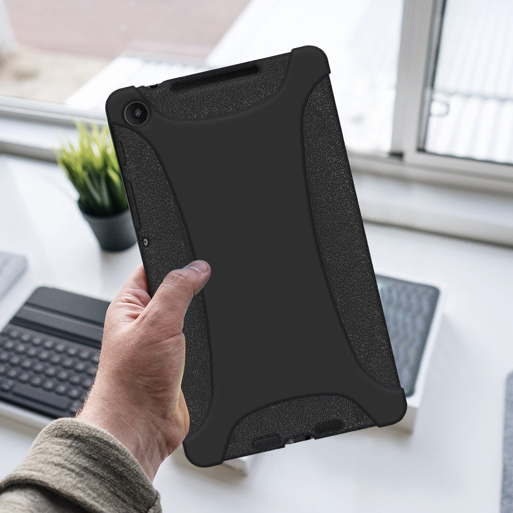 Amzer Shockproof Rugged Silicone Skin Jelly Case for Google New Nexus 7 in black, showcasing its flexible design and textured grip.