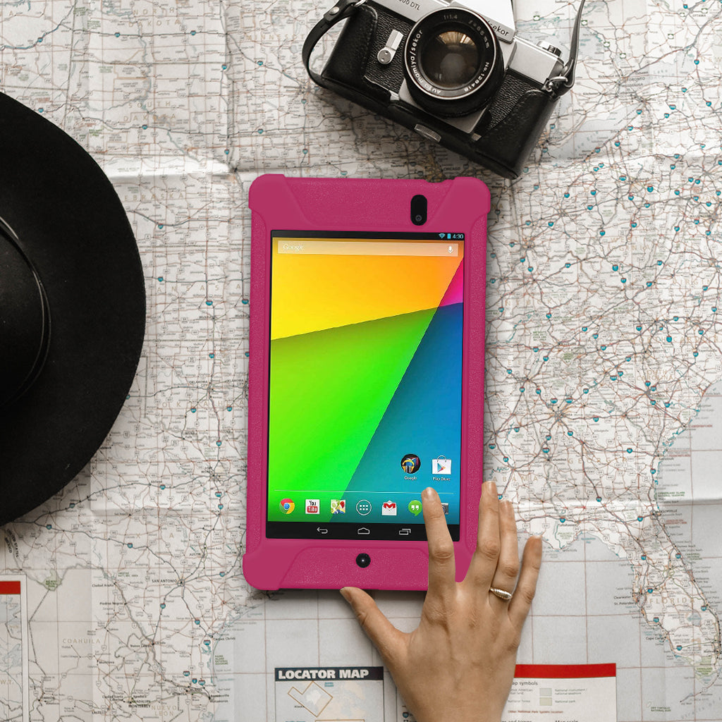 Amzer Shockproof Rugged Silicone Skin Jelly Case for Google New Nexus 7 in black, showcasing its flexible design and textured grip.