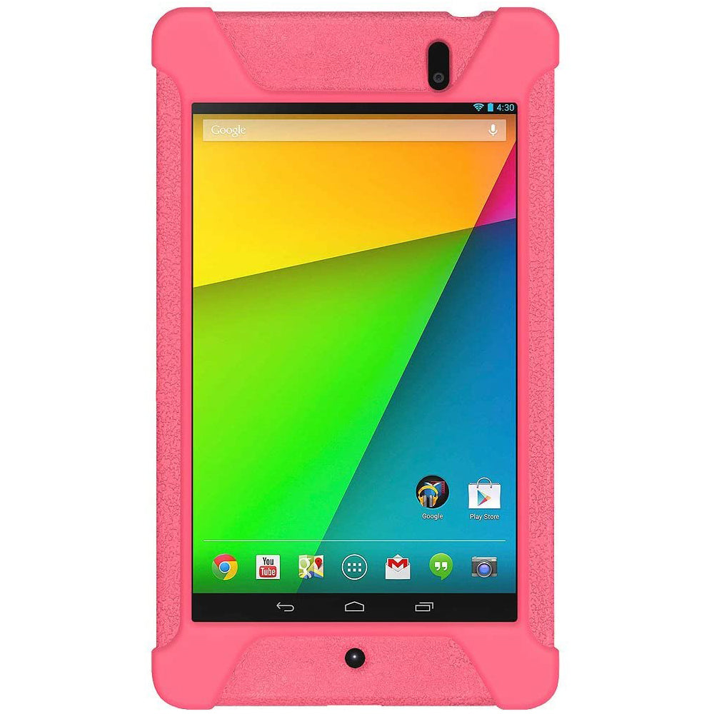 Amzer Shockproof Rugged Silicone Skin Jelly Case for Google New Nexus 7 in black, showcasing its flexible design and textured grip.