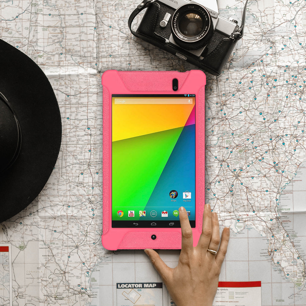 Amzer Shockproof Rugged Silicone Skin Jelly Case for Google New Nexus 7 in black, showcasing its flexible design and textured grip.