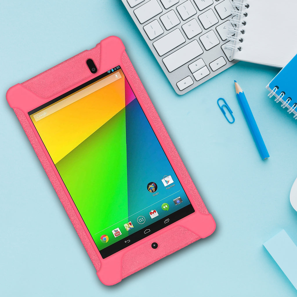 Amzer Shockproof Rugged Silicone Skin Jelly Case for Google New Nexus 7 in black, showcasing its flexible design and textured grip.