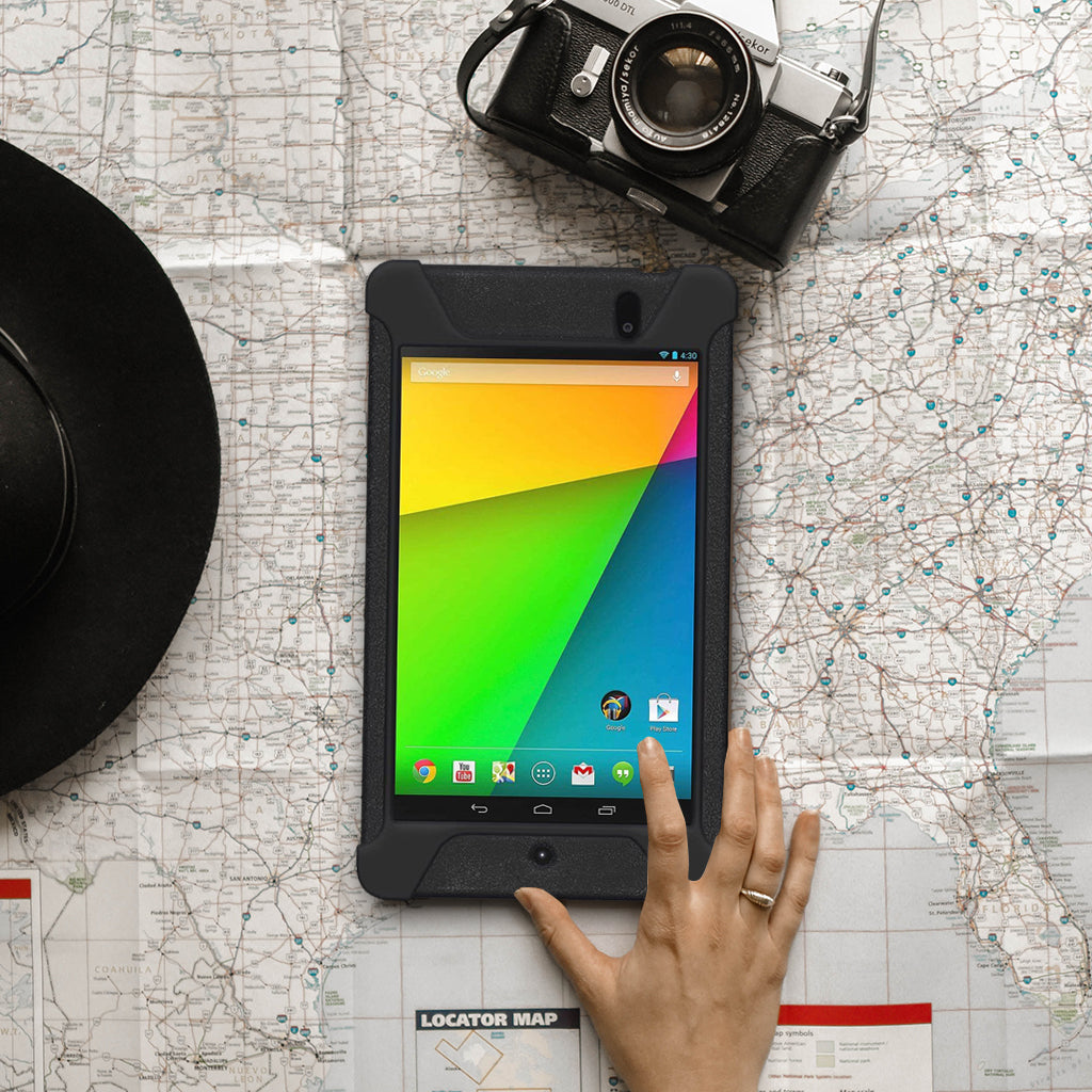 Amzer Shockproof Rugged Silicone Skin Jelly Case for Google New Nexus 7 in black, showcasing its flexible design and textured grip.