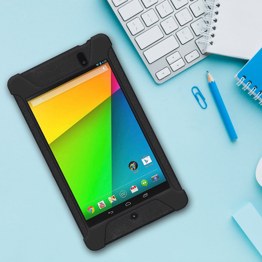 Amzer Shockproof Rugged Silicone Skin Jelly Case for Google New Nexus 7 in black, showcasing its flexible design and textured grip.