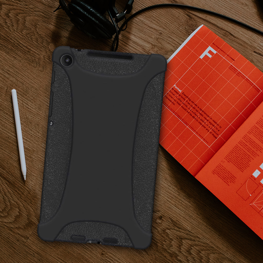 Amzer Shockproof Rugged Silicone Skin Jelly Case for Google New Nexus 7 in black, showcasing its flexible design and textured grip.