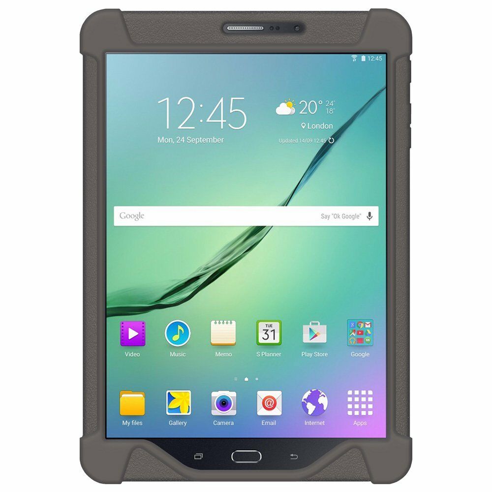 AMZER Shockproof Silicone Skin Jelly Case for Samsung GALAXY Tab S2, showcasing its flexible design and textured grip.
