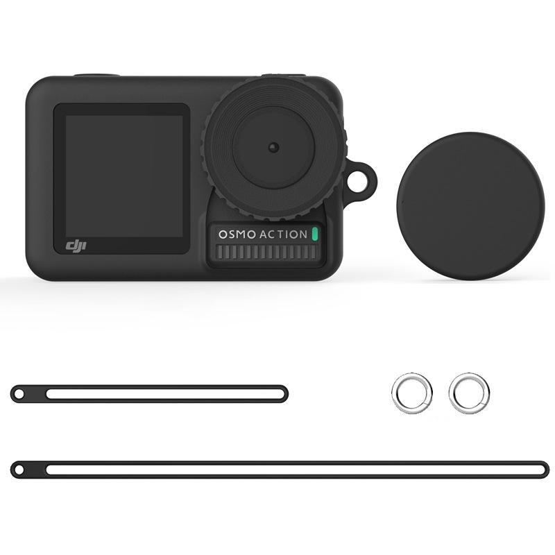 AMZER Silicone Protective Case for DJI Osmo Action, featuring lens cover and lanyards in black color.