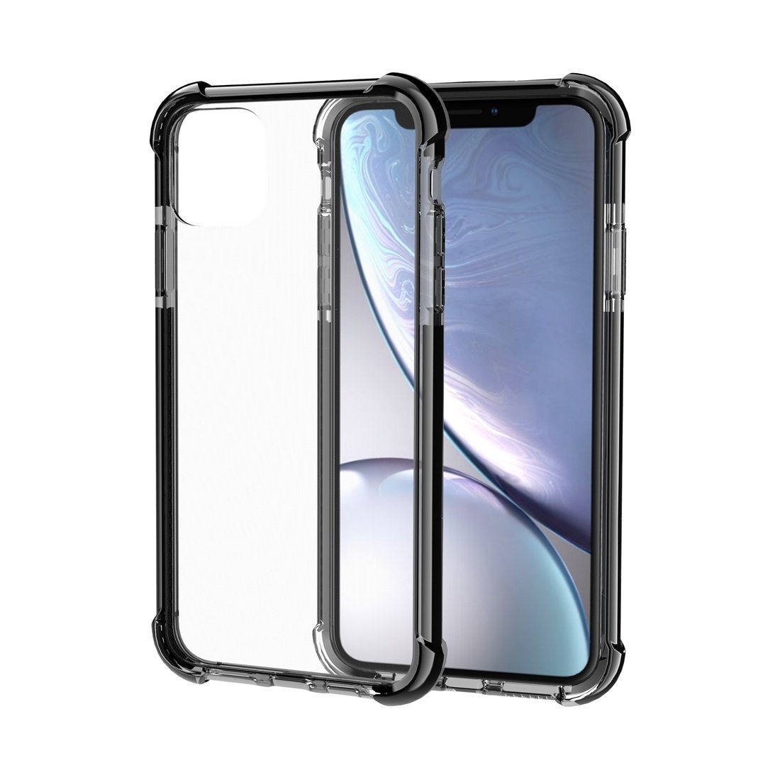 AMZER SlimGrip Bumper Hybrid Case for iPhone 11 in black, showcasing its sleek design and transparent back.