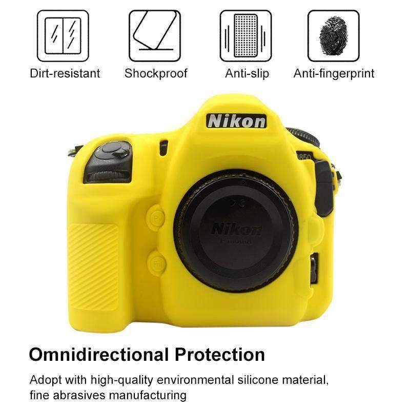 AMZER Soft Silicone Protective Case for Nikon D850 in yellow, showcasing its snug fit and precise cutouts for camera functions.