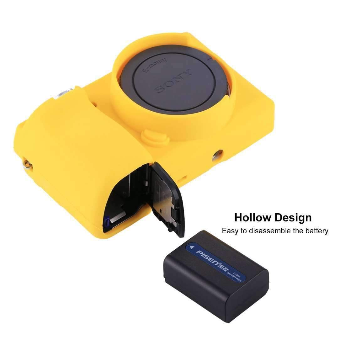 AMZER Soft Silicone Protective Case for Sony ILCE-6000 in yellow, showcasing its durable and lightweight design.