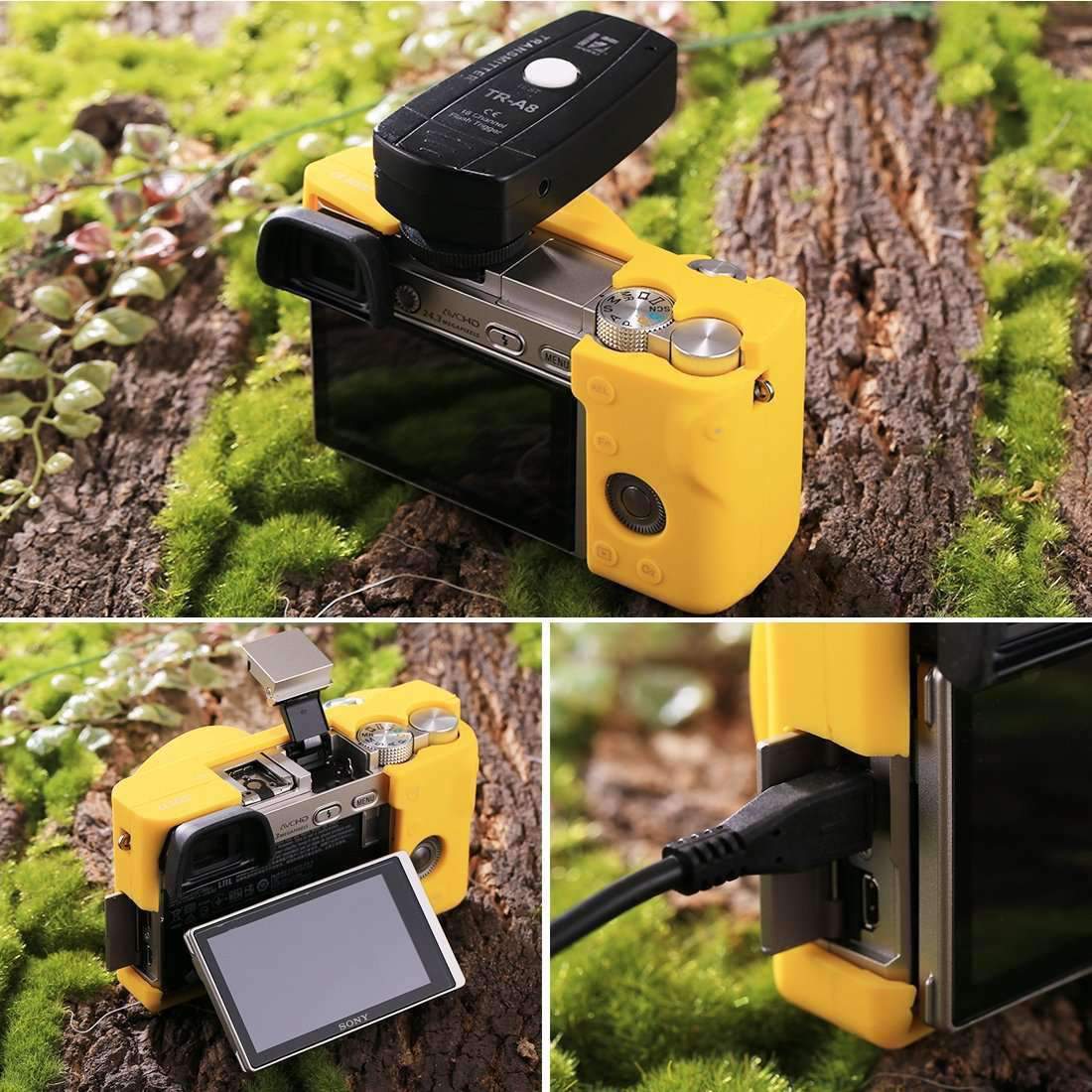 AMZER Soft Silicone Protective Case for Sony ILCE-6000 in yellow, showcasing its durable and lightweight design.