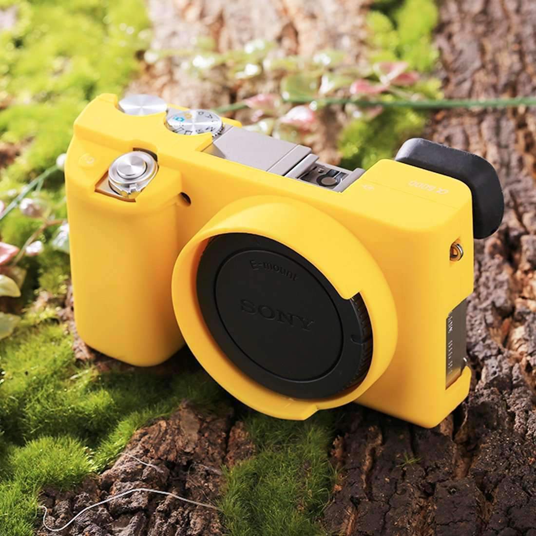 AMZER Soft Silicone Protective Case for Sony ILCE-6000 in yellow, showcasing its durable and lightweight design.