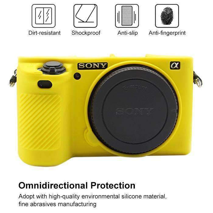 AMZER Soft Silicone Protective Case for Sony ILCE-6500 in yellow, showcasing its soft texture and precise cutouts for camera functionality.