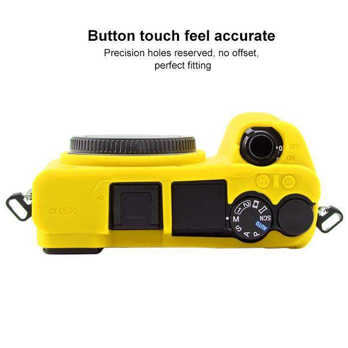 AMZER Soft Silicone Protective Case for Sony ILCE-6500 in yellow, showcasing its soft texture and precise cutouts for camera functionality.