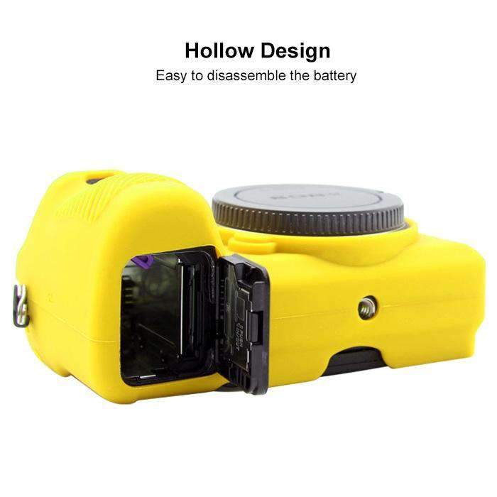 AMZER Soft Silicone Protective Case for Sony ILCE-6500 in yellow, showcasing its soft texture and precise cutouts for camera functionality.