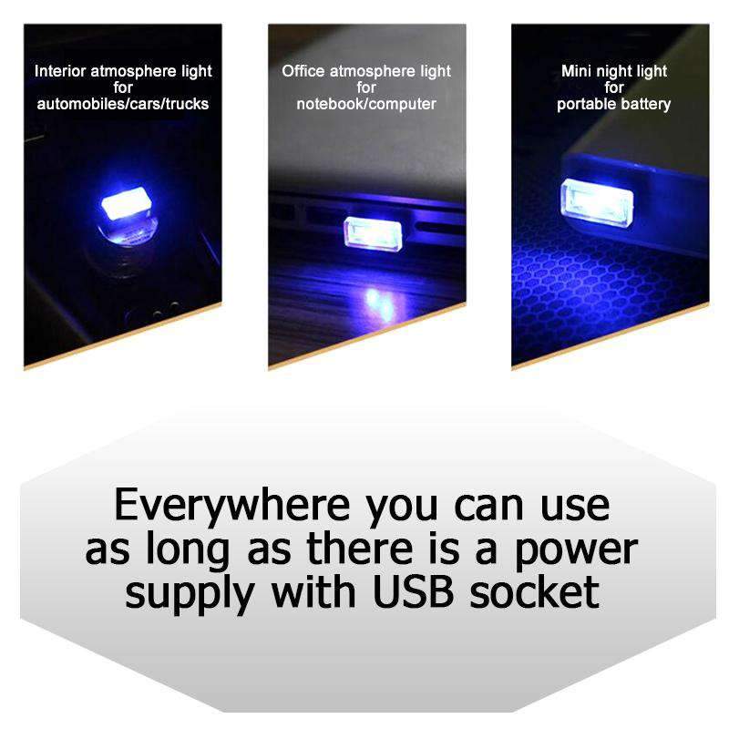 AMZER® Universal USB LED Atmosphere Lights in ice blue color, showcasing a compact design suitable for car interiors.