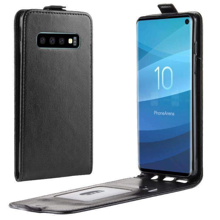AMZER Vertical Flip Leather Wallet Case for Samsung Galaxy S10+, featuring a sleek black design with card slots and velcro closure.