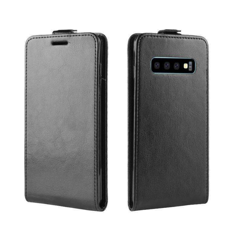 AMZER Vertical Flip Leather Wallet Case for Samsung Galaxy S10+, featuring a sleek black design with card slots and velcro closure.